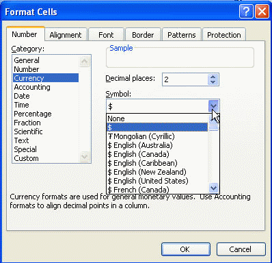 Excel Format Cells dialog box