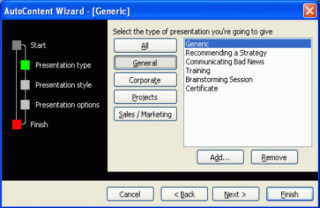 PowerPoint AutoContent wizard dialog box