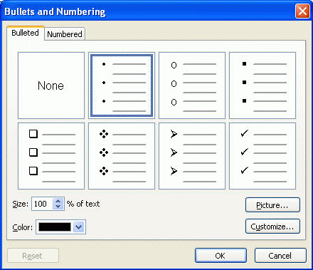 PowerPoint Bullets and Numbering dialog box