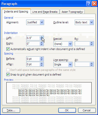 paragraph indent dialog box