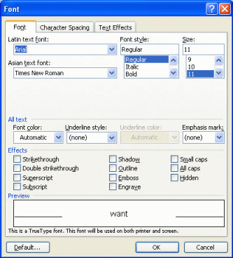 Font dialog box