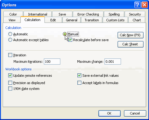 Excel options dialog box- Calculation tab
