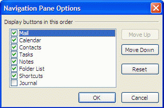 Navigation pane options dialog box
