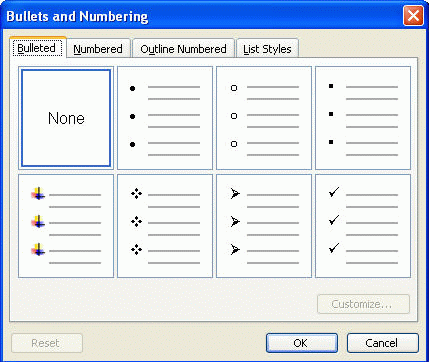 Bullet and Numbering dialog box